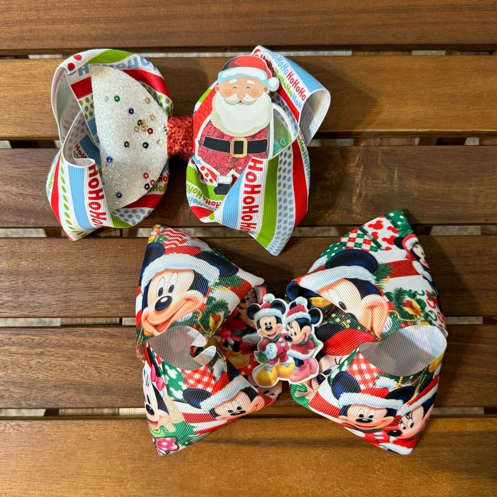 NWOT Handmade Christmas Hair Bows 2pc/ Santa Claus / Minnie Mouse